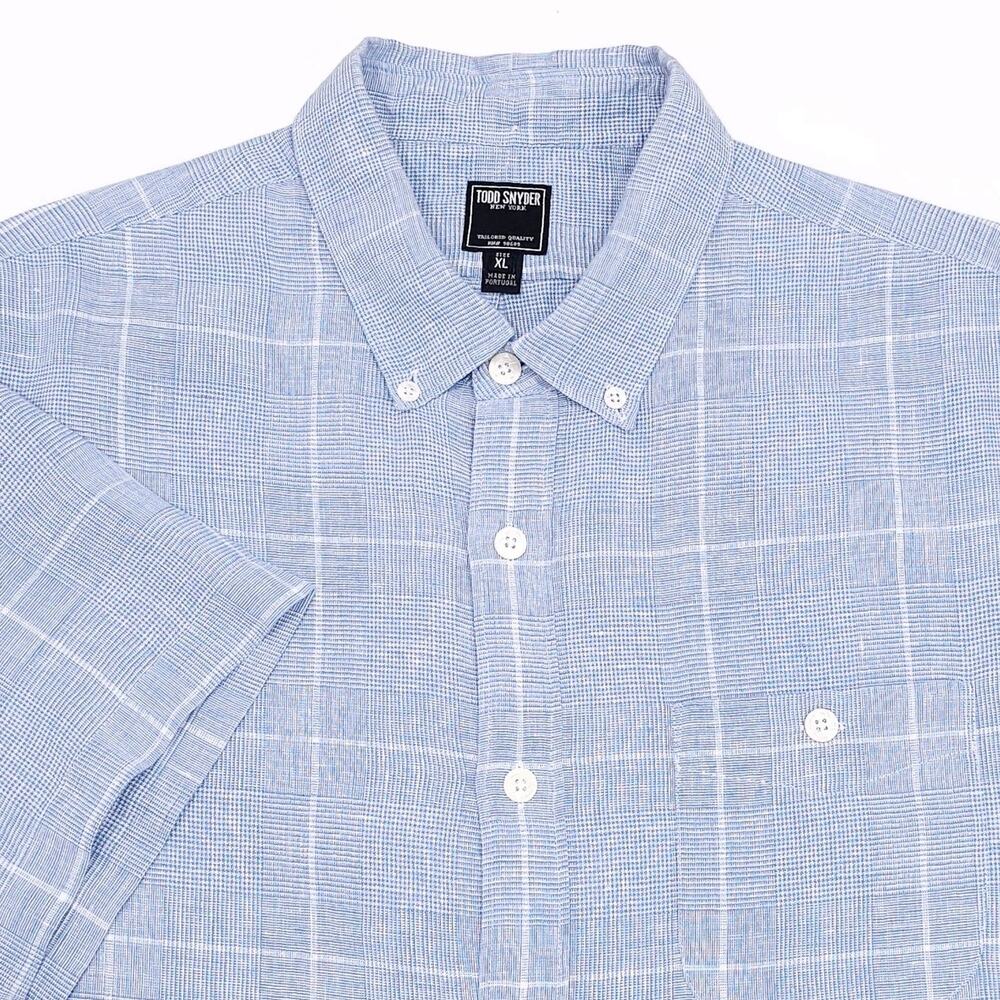 TODD SNYDER Linen Casual Button Down Shirt Light Blue Plaid Lightweight Sz XL
